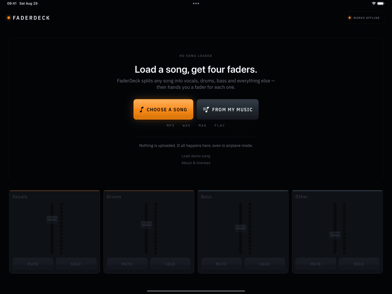 FaderDeck empty state on first launch, prompting to choose a song or load the demo, with four inactive faders below.