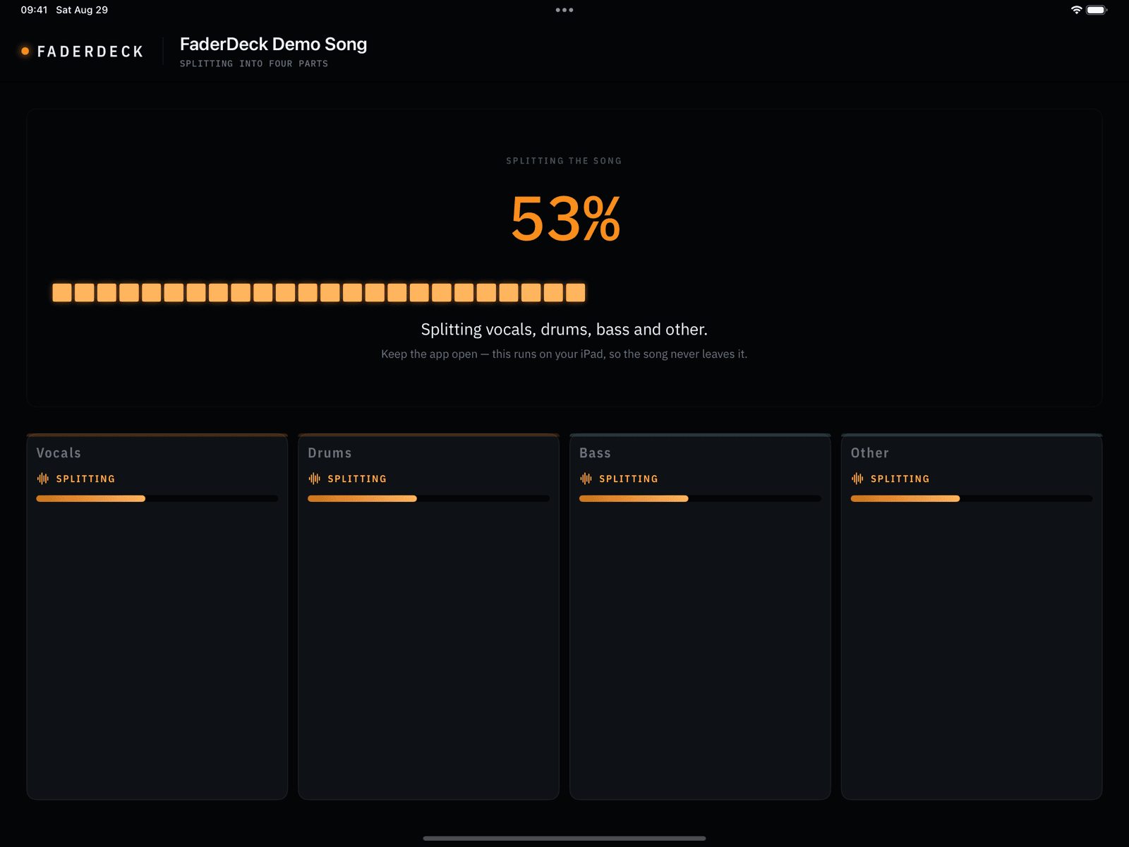 FaderDeck splitting screen showing on-device stem separation at 53 percent, with per-stem progress bars for vocals, drums, bass, and other.